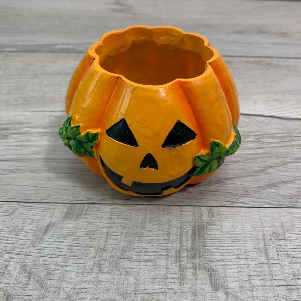 Halloween Jack O Lantern Pumpkin Planter Candle Holder Orange Resin 3x4in